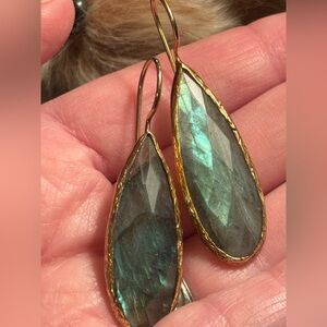 Gold-Edged Labradorite Teardrop Earrings - Blue-Green Flash
